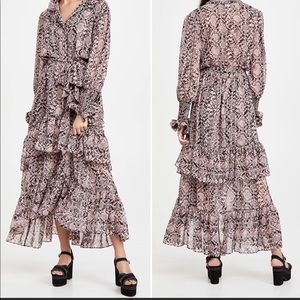 MISA Los Angeles Pink Snakeskin Valentina Chiffon Long Sleeve Tiered Dress